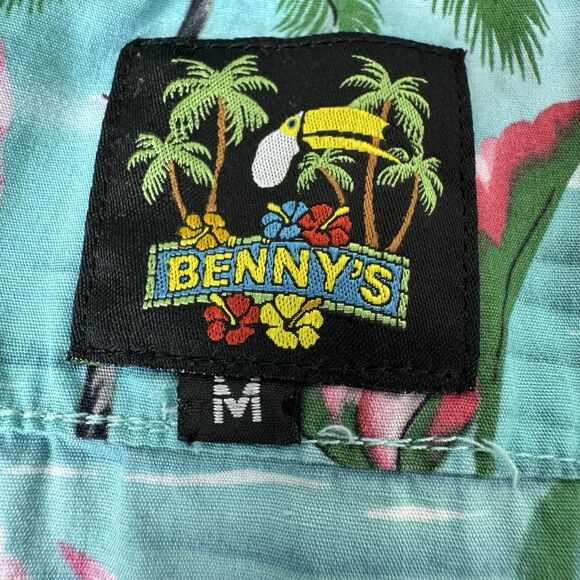 Benny's Hawaiian Shirt Men's Medium Blue Pink Flamingo Palm Tree Tropical Aloha - Picture 2 of 7
